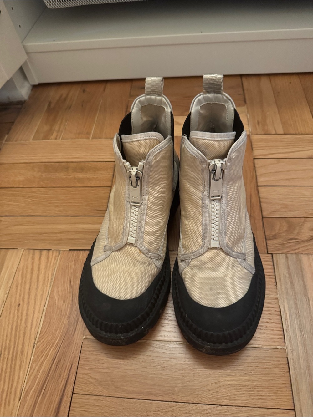 Front-Zip Canvas Sneaker Boots in Cream and Black